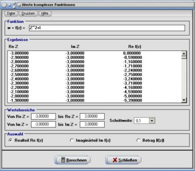 MathProf - Komplex - 3D - Werte - Tabelle - Fläche - Flächen - Funktionen - Komplexe Funktion - Plotten - Darstellen - Bild - Graph - Grafisch - Plotter - Funktionsplotter - Koordinaten - Werte - Realteil - Imaginärteil - Betrag