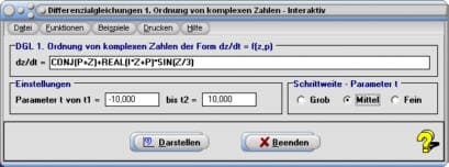 MathProf - Komplex - Komplexe Zahlen - Koeffizienten - DGL 1. Ordnung - Differentialgleichungen - Lösungskurve - Gekoppelte Differenzialgleichung - DGL - Parameter - Rechner - Lösung - Darstellen - Tabelle