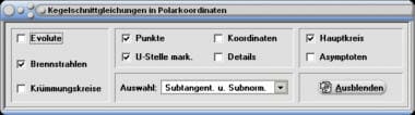 MathProf - Kegelschnitt - Polar - Polarkoordinaten - Evolute - Polarform - Ellipse - Parabel - Hyperbel - Asymptoten - Brennstrahlen - Rechner - Berechnen - Darstellen - Zeichnen - Plotten