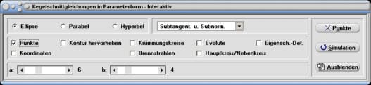 MathProf - Kegelschnitt - Kegelschnitte - Gleichung - Parameter - Parameterform - Ellipse - Parabel - Hyperbel - Hauptkreis - Asymptoten - Brennstrahlen - Evolute - Krümmungskreise - Rechner - Berechnen - Darstellen - Zeichnen - Plotten
