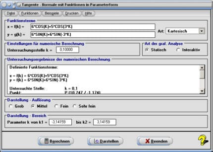 MathProf - Funktion - Parameterform - Parameterdarstellung - Parameter - Kurve - Graph - Darstellen - Zeichnen - Plotten - Tangente - Normale - Krümmung - Krümmungskreis - 1. Ableitung - 2. Ableitung - Rechner - Berechnen - Evolute