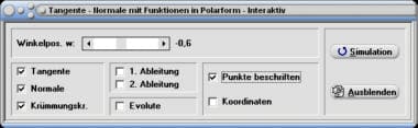 MathProf - Funktion - Polardarstellung - Polar - Polarform - Polarkoordinaten - Tangente - Normale - Krümmung - Krümmungskreis - 1. Ableitung - 2. Ableitung - Rechner - Berechnen - Evolute 
