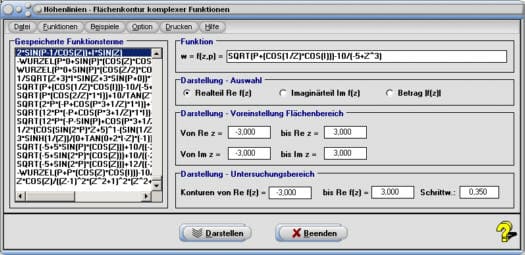 MathProf - Höhenverläufe -  Komplex - Berechnen - Rechner - Darstellen - Realteil - Imaginärteil - Betrag - Fläche - Höhenschichtlinie - Höhenlinie Funktion - Flächenkontur - Höhenschichtlinie