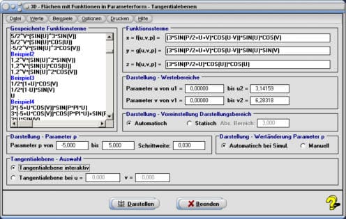 MathProf - Tangentialebene - x = f(u,v), y = g(u,v), z = h(u,v) - Parameter - Fläche - Plotter - Funktionen - Regelfläche - Rechner - Berechnen - Plotten - Zeichnen