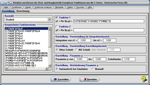 MathProf - Komplex - Realteil - Imaginärteil - Real - Imaginär - X-Achse - Integralrechnung - Statisches Moment - Rotationsvolumen - Mantelfläche - Mantel - Zylinder - Plotten - Graph - Grafisch - Zeichnen - Rechner - Berechnen