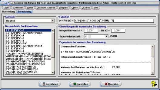 MathProf - Komplex - Realteil - Imaginärteil - Real - Imaginär - Y-Achse - Integralrechnung - Statisches Moment - Rotationsvolumen - Mantelfläche - Mantel - Zylinder - Plotten - Graph - Grafisch - Zeichnen - Rechner - Berechnen