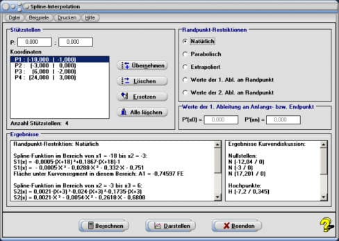 MathProf - Spline - Spline-Interpolation - Interpolation - Splines - Parabolisch - Extrapoliert - Extrapolation - Ableitung - 1. Ableitung - 2. Ableitung - Rechner - Berechnen - Darstellen - Zeichnen - Plotten