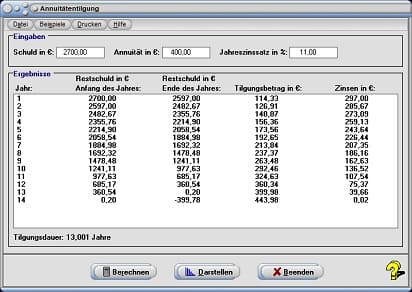 MathProf - Zins - Zinsen - Beispiel - Geld - Amortisation - Amortisierung - Amortisationszeit - Amortisationsdauer - Annuitätenfaktor - Annuitätenformel - Berechnen - Rechner - Grafisch - Arbeitsblatt - Arbeitsblätter - Unterrichtsmaterial - Unterrichtsmaterialien - Lernen - Erlernen - Übungsaufgaben - Üben - Übungen - Lösungen - Aufgaben