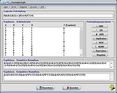 MathProf - Logische Verknüpfungen - Wahrheitstabelle - Wahrheitstafel - Boolesche Algeba - Beispiel - Logische Funktionen - Logische Operatoren - Disjunktive Normalform - Konjunktive Normalform - Rechner - Berechnen