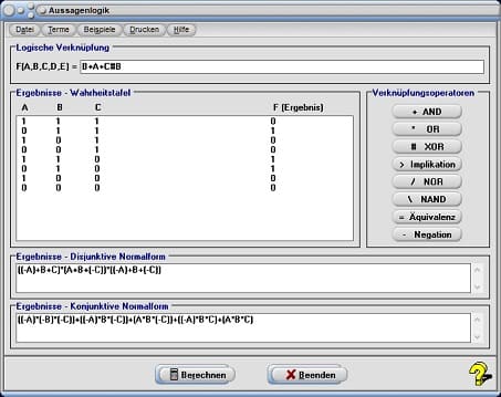 MathProf - Mathematische Aussagen - Verneinung - Mathematische Logik - NOR-Verknüfung - UND-Verknüpfung - OR-Verknüpfung - XOR-Verknüpfung - Logisch - Negierung - Wertetabelle - Aussagenlogische Formel - Schaltfunktionen - Idempotenz - Rechner - Berechnen
