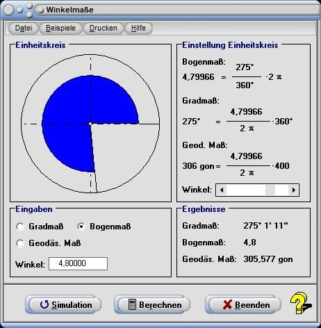 MathProf - Neugrad - rad - deg - gon - Winkelminute - Winkelsekunde - Rechner - Berechnen - Grafik - Formeln - Länge - Pi - Radianten - Positiver Winkel - Negativer Winkel - Tabelle - Liste - 15 - 20 - 30 - 45 - 60 - 75 - 90 - 100 - 120 - 150 - 180 - 200 - 270 - 300 - 360