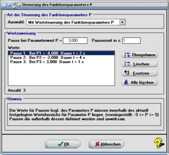 MathProf - Parameter - Steuerung - Auswahl - Kurve - Pause - Pausen - Definition - Festlegung