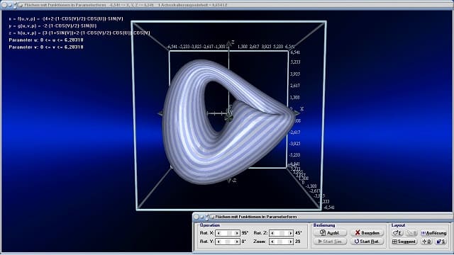 MathProf - Kleinsche Flasche - Klein bottle - Klein Flasche - Funktion - Parameterform - Parametergleichung - 3D - Fläche - Beispiel - 3D-Plotter - 3D-Funktionsplot - Plotten - 3D-Flächen - Funktionsplotter - Funktion mit 2 Variablen - Mehrdimensionale Funktionen - Funktionen mit mehreren Variablen - 3D-Plot - 3D-Grafik - Gekrümmte Flächen - Darstellen - Graph - Grafik - Zeichnen - Plotter - Rechner - Berechnen - Schaubild