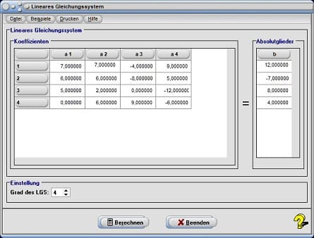 MathProf - Gauß-Jordan-Verfahren - LGS - Koeffizienten - Quadratisches Gleichungssystem lösen - Variablen - Lösung - Rechnerische Lösung - Lösbare Gleichungssysteme - Lösbarkeit - Beispiel - Rechner - Berechnen - Bestimmen - Lösungsmenge - Lösbar - Aufstellen - Koeffizientenmatrix - Lösungen von Gleichungssystemen - Quadratische Gleichungssysteme - Aufstellen - Bilden - Determinante - Homogen - Homogenes lineares Gleichungssystem