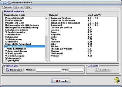 MathProf - Physikalische Stoffkonstanten - Siedetemperatur - Siedewärme - Spezifischer elektrischer Widerstand - Thermische Ablösearbeit - Tabelle - Einheit