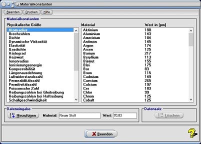 MathProf - Materialkonstanten - Tabelle - Materialkonstante - Physik - Dichte - Elastizität - Heizwert - Schmelzwärme - Siedetemperatur