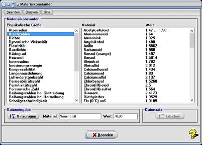 MathProf - Siedewärme - Beispiel - Brechzahlen - Dichte - Dynamische Viskosität - Gasdichte - Härtegrad - Heizwert - Ionenradius