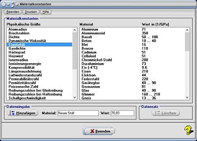MathProf - Materialkonstante - Tabelle - Material - Volumenausdehnung - Wärmekapazität - Wärmeleitfähigkeit - Reibungszahl - Gasdichte - Einheit