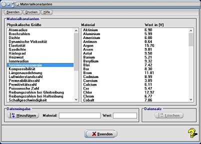 MathProf - Spezifischer elektrischer Widerstand - Thermische Ablösearbeit - Thermische Leitfähigkeit - Permittivität - Permeabilität - Tabelle - Liste