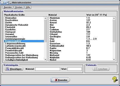 MathProf - Materialkonstanten - Tabelle - Materialkonstante - Poissonsche Zahl - Volumenausdehnung - Wärmekapazität - Wärmeleitfähigkeit - Einheit