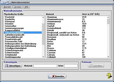 MathProf - Reibungszahl - Gasdichte - Beispiel - Brechzahlen - Dichte - Längenausdehnungskoeffizienten - Gasdichte - Härtegrad - Heizwert - Einheit