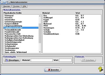 MathProf - Ionenradius - Ionisierungsenergie - Kompressibilität - Längenausdehnung - Luftwiderstandszahl - Reibungszahlen - Tabelle - Einheit