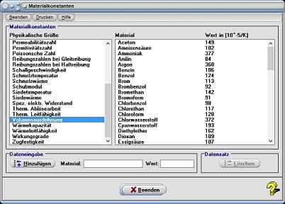 MathProf - Ausdehnungskoeffizienten - Längenausdehnungskoeffizienten - Härtegrade - Heizwerte - Ionenradien - Tabelle - Einheit