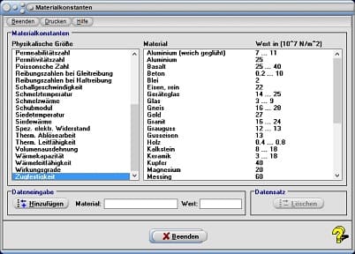 MathProf - Reibungszahlen - Schmelztemperaturen - Schmelzwärme - Siedewärme - Volumenausdehnung - Wärmeleitfähigkeit - Wärmekapazität - Tabelle - Einheit