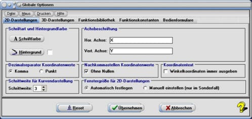 MathProf - Globale Optionen - 2D - 3D - Hintergrundfarbe - Raster - Fenstergröße - Koordinaten - Formeln