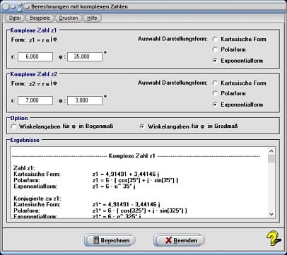 MathProf - Komplexe Zahlen - Komplexe Rechnung - Zahlen berechnen - Realteil - Betrag einer komplexer Zahl - Imaginärteil komplexer Zahlen - Zahlen umwandeln - Inverse komplexe Zahl - Komplexe Zahlen potenzieren - Komplexe Zahlen umrechnen - Rechnen - Polarkoordinaten komplexer Zahlen - Rechenregel - konjugierte Zahl - Zwei komplexe Zahlen - Radizieren einer komplexen Zahl