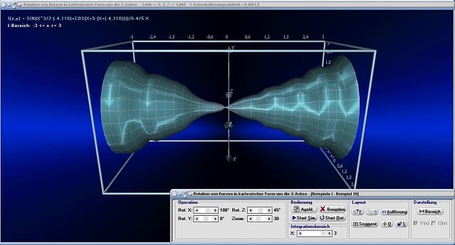 MathProf - Rotationskörper - Rotationsvolumen - Drehkörper - Mantelfläche - Oberfläche - Rauminhalt - Drehung um x-Achse - Volumenintegral - Volumen - Integral - Rotation um x-Achse - Bogenlänge - 3D-Grafik - 3D-Plotter - 3D-Plot - Integralrechnung - Zeichnen - Plotter - Rechner - Berechnen - Schaubild - 4