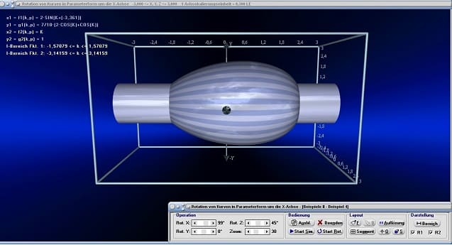 MathProf - Rotationskörper - Parameterdarstellung - Parameter - Parameterkurven - Parametergleichungen - Drehkörper - Mantelfläche - Oberfläche - Rauminhalt - Drehung um x-Achse - Integralrechnung - Integral - Volumen - Rotationsvolumen - Rotation um x-Achse - Bogenlänge - 3D - Raum - Grafisch - Darstellen - Plotten - Graph - Grafik - Zeichnen - Plotter - Rechner - Berechnen - 2