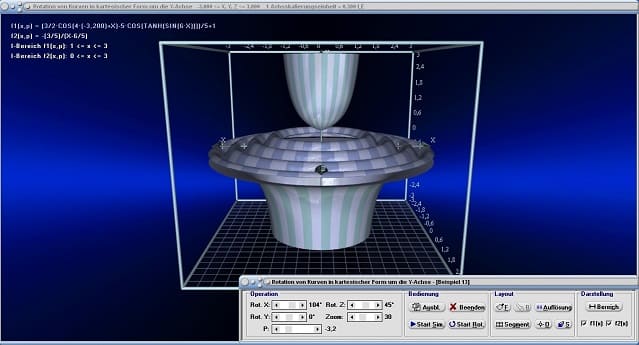 MathProf - Rotationskörper - Plotten - Animation - Graphisches Integrieren - Grafische Integration - Mantelfläche - Rotationsvolumen - Oberfläche - Rauminhalt - Drehung um y-Achse - Integralrechnung - Rotation um y-Achse - Bogenlänge - 3D - Darstellen - Plotten - Graph - Grafik - Zeichnen - Plotter - Rechner - Berechnen - Schaubild - 3
