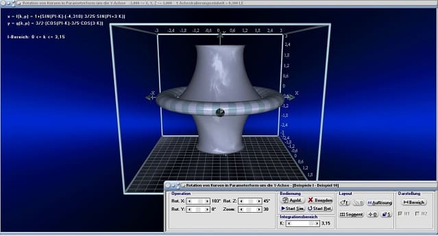MathProf - Rotationskörper - Drekkörper - Parameterkurven - Parametergleichungen - Parameterform - Parameterdarstellung - Kurven - Volumen - Körper - Animation - Fläche - Mantelfläche - Oberfläche - Schwerpunkt - Rauminhalt - Drehung um y-Achse - Integralrechnung - Integral - Volumen - Rotationsvolumen - Rotation um y-Achse - Bogenlänge - Grafisch - Darstellen - Plotten - Graph - Grafik - Zeichnen - Plotter - Rechner - Berechnen - Schaubild - 2