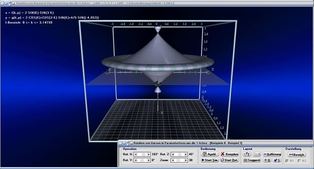 MathProf - Rotationskörper - Drekkörper - Parameterkurven - Parametergleichungen - Parameterform - Parameterdarstellung - Kurven - Volumen - Körper - Animation - Fläche - Mantelfläche - Oberfläche - Schwerpunkt - Rauminhalt - Drehung um y-Achse - Integralrechnung - Integral - Volumen - Rotationsvolumen - Rotation um y-Achse - Bogenlänge - Grafisch - Darstellen - Plotten - Graph - Grafik - Zeichnen - Plotter - Rechner - Berechnen - Schaubild - 3