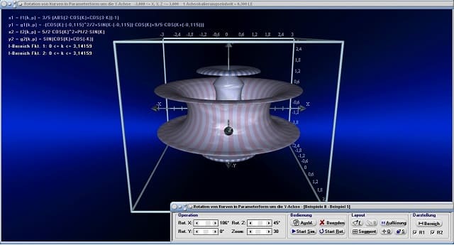 MathProf - Rotationskörper - Drekkörper - Parameterkurven - Parametergleichungen - Parameterform - Parameterdarstellung - Kurven - Volumen - Körper - Animation - Fläche - Mantelfläche - Oberfläche - Schwerpunkt - Rauminhalt - Drehung um y-Achse - Integralrechnung - Integral - Volumen - Rotationsvolumen - Rotation um y-Achse - Bogenlänge - Grafisch - Darstellen - Plotten - Graph - Grafik - Zeichnen - Plotter - Rechner - Berechnen - Schaubild - 4