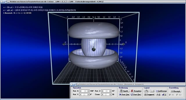 MathProf - Rotationskörper - Drekkörper - Parameterkurven - Parametergleichungen - Parameterform - Parameterdarstellung - Kurven - Volumen - Körper - Animation - Fläche - Mantelfläche - Oberfläche - Schwerpunkt - Rauminhalt - Drehung um y-Achse - Integralrechnung - Integral - Volumen - Rotationsvolumen - Rotation um y-Achse - Bogenlänge - Grafisch - Darstellen - Plotten - Graph - Grafik - Zeichnen - Plotter - Rechner - Berechnen - Schaubild - 5