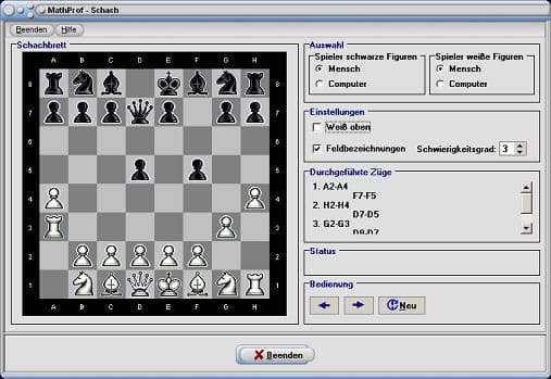 MathProf - Schachspiel - Schach - Mensch - Computer - Spiel - Schachrechner - Schach gegen Computer - Lernen - Pferd - Dame - König - Läufer - Bauer - Turm - Türme - Spielen