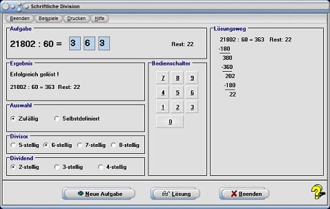 MathProf - Dividieren - Teilen - Schriftlich dividieren mit großen Zahlen - Trainer - Trainieren - Division mit Rest - Hälfte - Halbieren - Halbierung - Dritteln - Drittel - Viertel - Fünftel - Sechstel - Siebtel - Achtel - Neuntel - Zehntel - Berechnen - Rechner