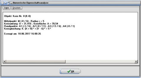 MathProf - Eigenschaften - Analyse - Kreis - Eigenschaften - Beispiel - Liste - Tabelle - Auflistung