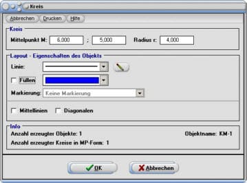 MathProf - Geometrische Objekte - Kreis - Linie - Mittelpunkt - Koordinaten - Farbe - Linienstil - Diagonalen - Objekt - Markieren - Markierung - Punkte