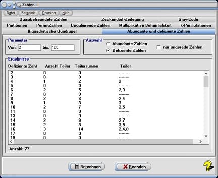 MathProf - Abundante Zahlen - Defiziente Zahlen - Definition - Rechner - Berechnen - Berechnung - Tabelle