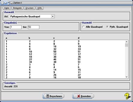 MathProf - Pythagoreische Quadrupel - Definition - Rechner - Berechnen - Berechnung - Tabelle