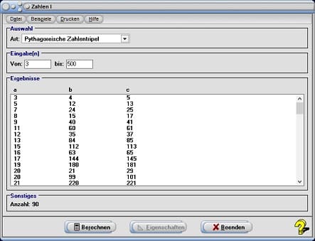 MathProf - Pythagoreische Zahlentripel - Pythagoreische Tripel - Definition - Rechner - Berechnen - Berechnung - Tabelle