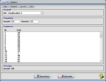 MathProf - Zufallszahlen - Rechner - Berechnen - Berechnung - Tabelle
