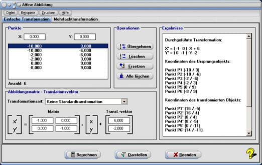 MathProf - Affine Abbildung - Geometrische Transformation - Matrix - Translation - Drehen - Spiegeln - Verschieben - Strecken - Koordinatentransformation - Affine Transformation - Affine Abbildungen - Spiegelungsmatrix - Verschiebungsmatrix - Verkettung von Abbildungen - Rechner - Berechnen - Grafik