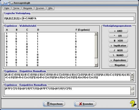 MathProf - Aussagenlogik - Logische Aussagefunktionen - Wahrheitstabelle - Logische Verknüpfungen - Mathematik - Rechner - Implikation - Programm - Boolesche Algeba - Disjunktion - Konjunktion - Beispiel - Logische Operatoren - Disjunktive Normalform - Konjunktive Normalform - Wahrheitstafel - Berechnen - Tabelle