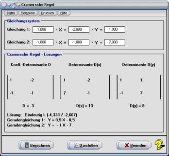MathProf - Cramersche Regel - Determinante - Gleichungen - Numerische Lösung - Grafische Lösung - Berechnen - Lineares Gleichungssystem - 3x3-Matrix - Grafisches Lösen - Grafische Lösung - Grafisches Lösungsverfahren - Determinatenverfahren - Lineares Gleichungssystem - Rechner