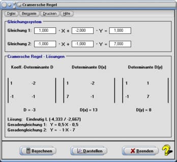MathProf - Cramersche Regel - Determinante - Gleichungen - Numerische Lösung - Grafische Lösung - Berechnen - Lineares Gleichungssystem - 3x3-Matrix - Grafisches Lösen - Grafische Lösung - Grafisches Lösungsverfahren - Determinatenverfahren - Lineares Gleichungssystem - Rechner