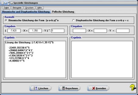 MathProf - Binomische Gleichung - Diophantische Gleichung - Pellsche Gleichung - Diophantische Gleichungen - Rechner - Berechnen - Lösungen - Trinom - Trinome - Trinomische Formel 